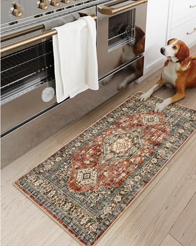 Lahome Oriental Small Area Rug, 2x4 Washable Entryway Rug Non-Slip Ultra-Thin Indoor Door Mat Distressed Throw Carpet for Kitchen Bedroom Eleanor, Brick Red - color: Brick Red, size: 2' x 4' (Rectangular)