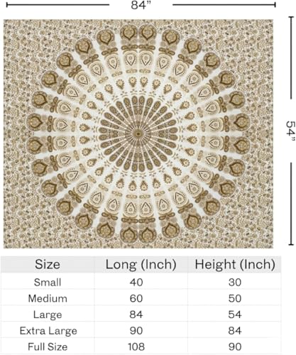 FURNISHFUL FINESSE Handmade Cotton Peacock Mandala Tapestry - White Gold Indian Boho Wall Decor, Shimmery Bohemian Hippie Room Hanging - 30x40 Inches, (White Gold) - color: White Gold, size: 40"L x 30"W