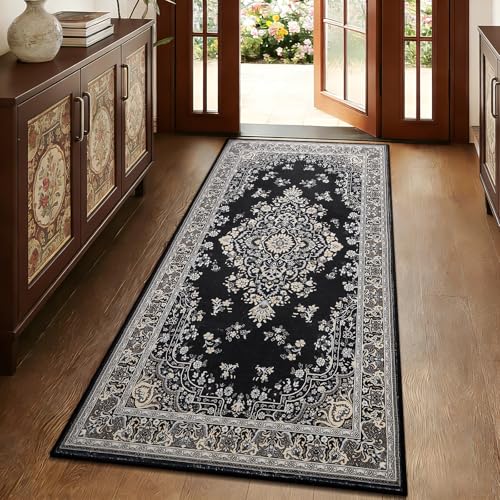HOMORE Vintage Runner Rug-2x5 Hallway Runner Rug for Entryway Non Slip Washable Bedroom Rug Faux Wool Low Pile Floor Carpet Runner for Kitchen Indoor Front Entrance Laundry Living Room Dorm, Black - color: Black, size: 2' x 5' (Rectangular)