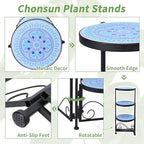3 Tier Mosaic Ceramic Top Plant Stand, Foldable Wrought Iron Flower Pot Holder, No Assembly Required Space Saving Plant Shelf for Indoor Outdoor Patio Garden Balcony Decor