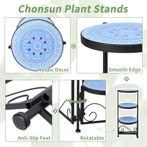 3 Tier Mosaic Ceramic Top Plant Stand, Foldable Wrought Iron Flower Pot Holder, No Assembly Required Space Saving Plant Shelf for Indoor Outdoor Patio Garden Balcony Decor