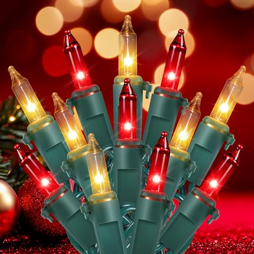 Hopolon Christmas Lights Indoor Outdoor, 2 Pack 13 FT 50 Count Incandescent Mini String Light, Green Wire Christmas Tree Lights Waterproof for Holiday Wedding Valentine's Day Decor, Red and Clear - color: Red and Clear,Green Wire, size: 2PACK, 50 count