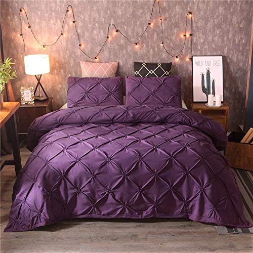 Feelyou Pinch Pleated Duvet Cover Set Full Size, Microfiber Polyester Pintuck Tufted Quilt Cover, Luxurious Decorative Purple Comforter Cover with 2 Pilllow Shams, 3 Pcs Zipper Closure - color: Purple, size: Full