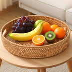 Round Rattan Serving Tray with Handles, Natural Wicker Decorative Tray for Serving, Fruit/Bread Serving Basket, Round Woven Tray，13.8inch+11.8inch, Gift Idea Choice (M+L) - size: 13.8"+11.8"