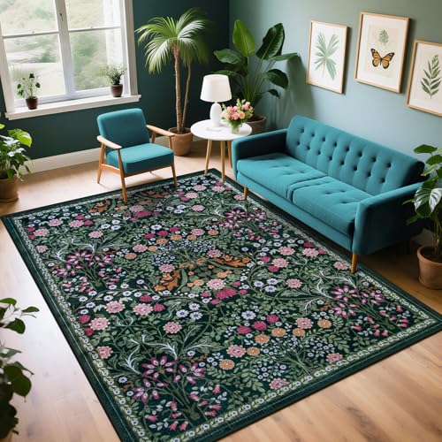 Area Rug Living Room Rugs: Floral 4x6 Washable Rug Vintage Soft Boho Non-Slip Carpet Indoor Floor Stain Resistant Large Carpets for Bedroom Dining Room Farmhouse Nursery Hallway Home Office Dark Green - color: Dark Green, size: 4' x 6' (Rectangular)