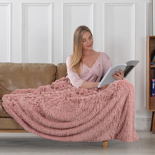 Tuddrom Decorative Extra Soft Fuzzy Faux Fur Throw Blanket 50" x 60",Solid Reversible Long Hair Shaggy Blanket,Fluffy Cozy Plush Comfy Microfiber Fleece Blankets for Couch Sofa Bedroom,Peach Whip - color: Peach Whip, size: Throw-50" x 60"