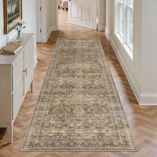 HUGEAR 2'6''x8' Runner Rug Hallway Vintage Brown Machine Washable Retro Floral Low Pile Carpet Distressed Long Throw Rug Bedroom Kitchen Laundry Non Slip Soft Lightweight - color: Retro | Brown, size: 2'6" x 8' (Runner)