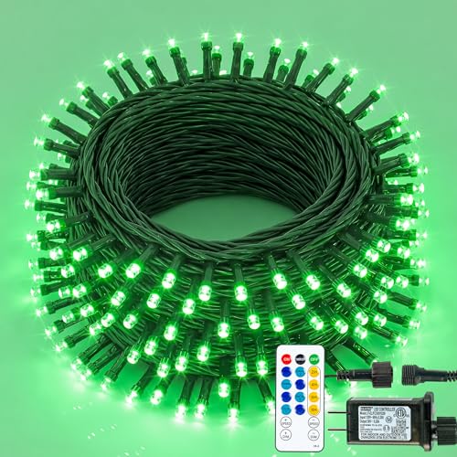 Hopolon Christmas String Lights Outdoor, 33 FT 100 LED Extendable Green Wire Twinkle Lights with Remote,8 Modes Waterproof Fairy Light Plug in for Xmas St. Patrick's Wedding Party Patio Indoor(Green) - color: Green, size: 100 LED with Remote