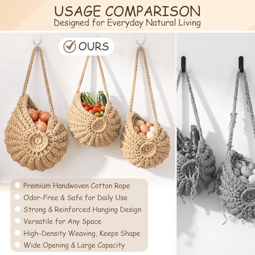 Qinyoung 3 Pack Boho Decor Hanging Wall Baskets for Kitchen Conch Baskets with Hooks Boho Conch Hanging Wall Kitchen Storage for Fruits Vegetables Onions Potatoes