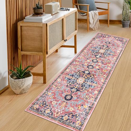 Pauwer Boho Hallway Runner Rug 2x6 Washable Entryway Area Rugs Non Slip Farmhouse Vintage Floor Mat Carpet Runner for Hallways Laundry Room Kitchen Bathroom Bedroom - color: Fuchsia Multi, size: 2' x 6' (Runner)