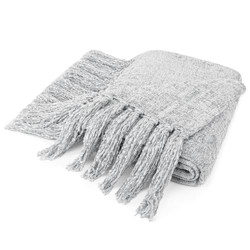 PAVILIA Light Gray Blanket for Couch, Twin Size Bed, Chenille Throw for Sofa Bed, Soft Knit Woven Gray Blanket with Decorative Tassel for Living Room, Light Grey Twin 60x80 - color: Light Grey, size: 60 X 80 Inches - Twin