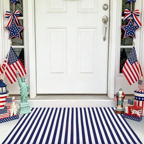 CAINANEL Blue and White Striped Rug 4th of July Door Mat 27.5"x43" Summer Front Porch Rug Independence Day Welcome Doormats for Farmhouse Entrance Porch Outdoors Decor(Blue and White, 27.5"x43") - color: Blue and White, size: 2'4" x 3'7" (Rectangular)