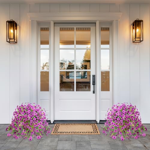 Ammyoo Artificial Fake Hanging Flowers with Basket for Outdoor Spring Decoration, Faux Silk Daisy Flower Real Touch Hanging Plants UV Resistant for Outside Porch Patio Garden Yard Home Decor(Purple) - color: Purple