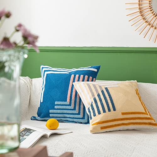 Boho Abstract Tufted Throw Pillow Cover Geometric Embroidered Decorative Pillowcase Farmhouse Cotton Square Accent Cushion Cover for Sofa Couch Bedroom (Type C,18"x18") - color: Type C, size: 18" x 18" (Pack of 1)
