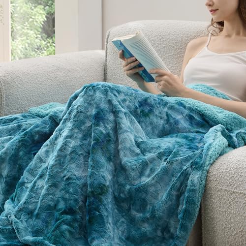 Bedsure GentleSoft Sherpa Fluffy Blanket Twin Size - Fleece Warm and Cozy Throw for Women Gift, Plush & Fuzzy Faux Fur Christmas Blanket for Couch, Sofa, Bed Decor, Tie Dye Design, Teal, 60x80 Inches - color: 05 - Teal, size: Twin (60" x 80")