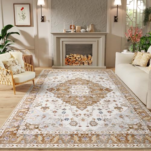 Amearea Vintage Design Area Rugs for Living Room, 4x6 Machine Washable Floral Collection Traditional Bedroom Rug, Low Pile Cute Kids Room Print Carpet, No Slip Office Kitchen Home Decor, Gold Yellow - color: Gold, size: 4' X 6' (Rectangular)