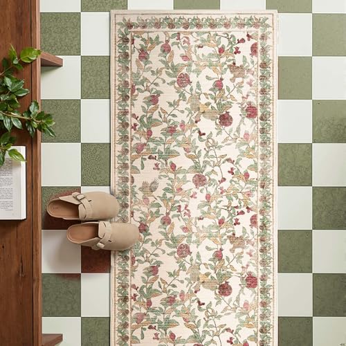 jinchan Eden Floral Washable Runner Rug 2x6 Vintage Hallway Rug Non-Slip Lightweight Soft Thin Kitchen Low Pile Distressed Red Green Carpet for Bathroom Laundry Room Bedroom Entryway - color: Eden Red/Green, size: 2' x 6' (Runner)