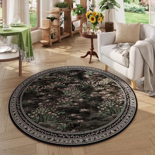 Rugcomf Circle Rug Impressionist-Style Vintage Round Rug 4ft Non Slip Low Pile Small Circular Rug for Bedroom Bathroom Entryway Kids Room Office College Dorm, Black - color: Black, size: 4' (Round)
