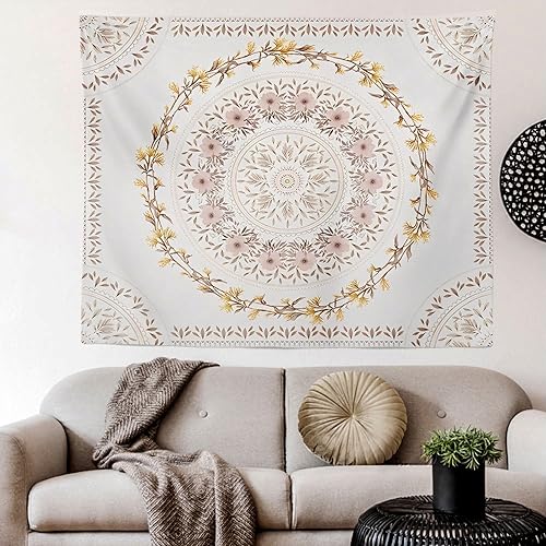 Orange Bohemian Tapestry Wall Hanging, Mandala Floral Medallion Hippie Tapestry with Light Brown Aesthetic Wreath Design, Cream Wall Decor Blanket for Bedroom Home Dorm