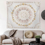 Orange Bohemian Tapestry Wall Hanging, Mandala Floral Medallion Hippie Tapestry with Light Brown Aesthetic Wreath Design, Cream Wall Decor Blanket for Bedroom Home Dorm