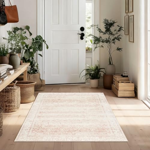BILEEHOME Vintage Pink Rug 3x5 Washable Non Slip Floral Aesthetic Indoor Rugs for Entryway Kitchen Low Pile Carpet for Laundry Room Bathroom Front Door Mat for Entrance 3 x 5 - color: Pink, size: 3' x 5' (Rectangular)