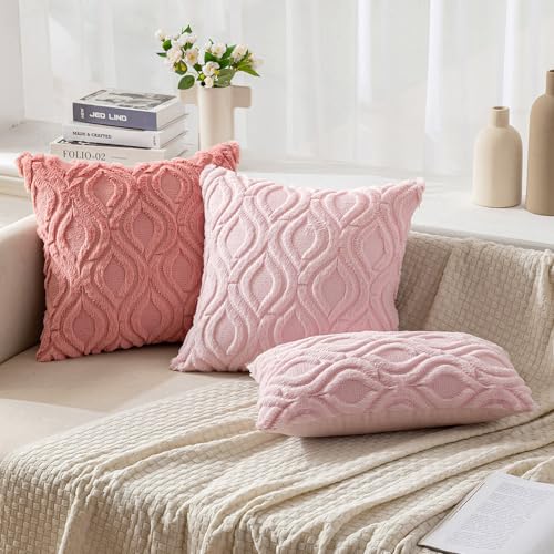 MIULEE Coral Red Throw Pillow Covers 18x18 Inch, Soft Winter Plush Faux Wool Couch Pillow Covers Set of 2 Decorative Farmhouse Boho Throw Pillows for Sofa Living Room Bed - color: Coral Red, size: 18" x 18" (Pack of 2)