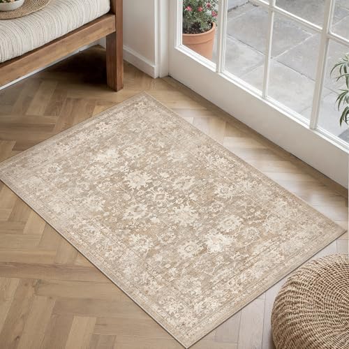 HUGEAR 2x3 Entryway Rug Beige Machine Washable Rug Room Decor Vintage Distressed Small Area Rugs Indoor Door Mat Low Pile Non Slip Carpet for Kitchen Living Bedroom Soft Lightweight - color: A| Beige, size: 2' x 3' (Rectangular)
