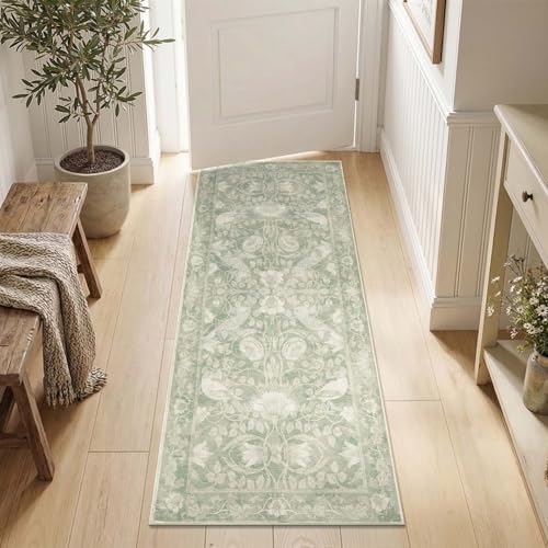SIRIS 2x5 Washable Runner Rug, Symmetrical Botanical Floral Rug, Vintage Soft Low-Pile Non-Slip Hallway Runner, High-Traffic Floor Mat for Kitchen Entryway Bathroom Vanity Laundry Room, Sage Green - color: Siris Sage Green, size: 2' x 5' (Runner)