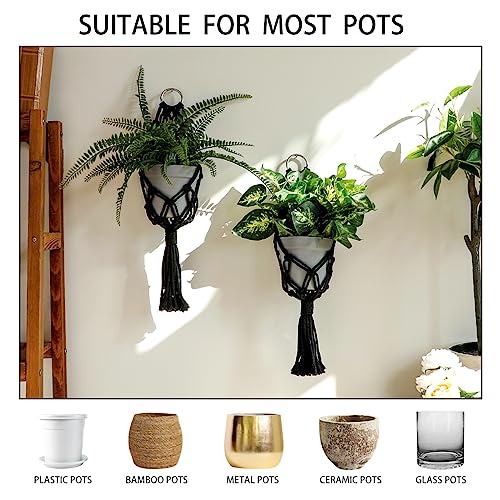 Artilady 2 Pack Black Macrame Plant Hanger Indoor - Large Hanging Planters for Wall Plants Holder Short Hademade Boho Farmhouse Rustic Home Decor (Black Plant Hanger-2pcs) - color: Black Plant Hanger-2pcs