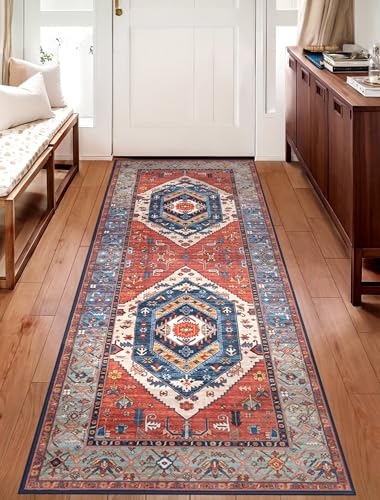 SERISSA Boho Washable Runner Rug, 2x5 Non-Slip Vintage Rust Hallway Kitchen Runner Rug Ultra Soft Print Distressed Tribal Floor Carpet for Bedroom Bathroom Laundry Living Room - color: Rust/Multi, size: 2' x 5' (Runner)