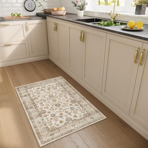 Machine Washable Small Rugs for Kitchen: Door Mat Indoor Entrance 2x3 Entryway Rug Stain Resistant Non-Slip Low Pile Soft Throw Carpet for Front Door Indoor Entrance Entry Bedroom Nursey - color: Beige White, size: 2' x 3' (Rectangular)