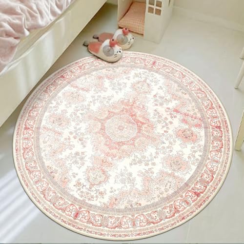 Pink Round Rug 4ft, Circle Washable Area Rugs for Bedroom Bathroom Entryway, Small Boho Vintage Bohemian Distressed Oriental Floral Carpet Non Slip,Blush Floral - color: Rug11-pink, size: 4'x4'