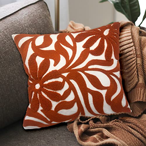 Alysheer Farmhouse Floral Leaves Embroidered Decorative Throw Pillow Cover 18x18 inches, Boho Tufted Flowers Embroidery Pattern Chic Cotton Cushion Case for Couch Bed Sofa Living Room(Burnt Orange) - color: Burnt Orange Floral, size: 18" x 18" (Pack of 1)