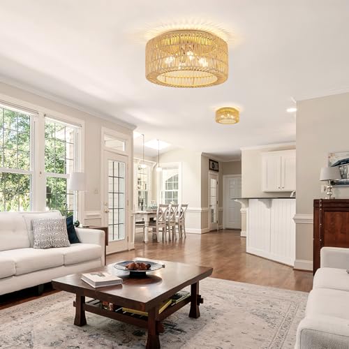 Rattan Light Fixtures Ceiling Mount,4-Lights Boho Flush Mount Ceiling Light with Hand-Woven Shade, 18''Rattan Farmhouse Chandelier for Hallway Bedroom Kitchen Farmhouse Foyer Entryway (Gold) - color: Gold, size: Large