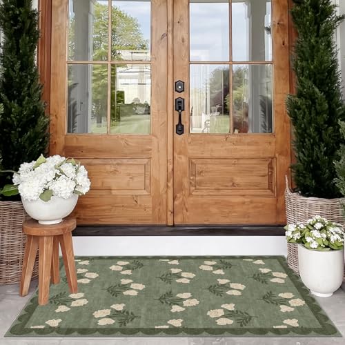 Floral Outdoor Rug - 28" x 43" Front Door Mat Indoor Outside Entrance Non-Slip Washable Outdoor Mat Sage Green Spring Scalloped Rug for Entryway Kitchen Bedroom Layered Doormat for Front Porch - color: Flower - Green, size: 2'4" x 3'7" (Rectangular)