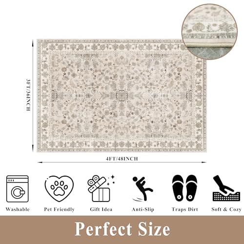 3x4 Entryway Rug Washable Non-Slip–Boho Floral Stain-Resistant Small Area Rug for Kitchen Bedroom Bathroom – Soft Low-Pile Thin Indoor Door Mat (Beige,3x4) - color: Beige, size: 3' x 4' (Rectangular)