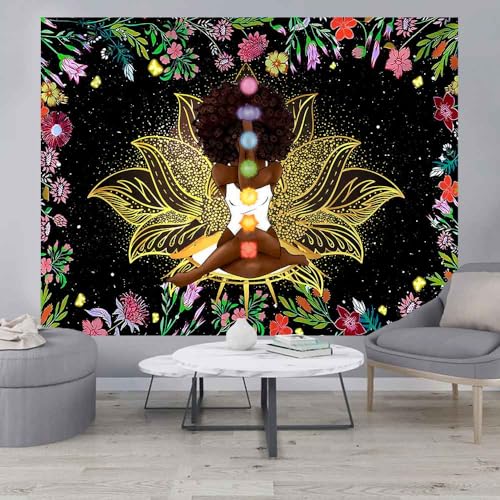 Ine Ive African Chakra Tapestry African American Woman Zen Meditation Tapestries 93x71 Inch Starry Sky Flower Garden Inspirational Afro Yoga Wall Poster for Bedroom Dorm Decor - size: 93"L x 71"W