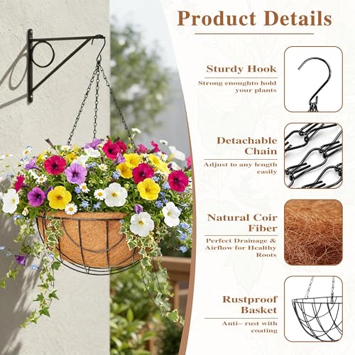 4 Pack Hanging Planter for Outdoor Plants 14 inch Metal Hanging Flower Basket with Coco Coir Liner Round Wire Plant Holder Chain Flower Pots Outdoor Garden Decoration Watering Hanging Baskets（DQ） - size: 14" x 4 Pack, style: Earth