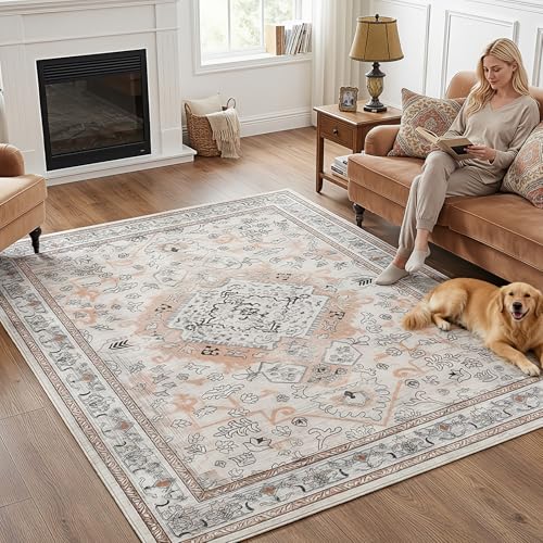 HOOBRO 5 x 7 Area Rugs Washable, Living Room Rugs, Non-Slip Rug Stain Resistant Carpets, Indoor Low Pile Soft Rug Pet Friendly Mat, for Bedroom Dining Room Hallway Home Office, Vintage Beige EF03AR01 - color: Vintage Beige, size: 5' x 7' (Rectangular)