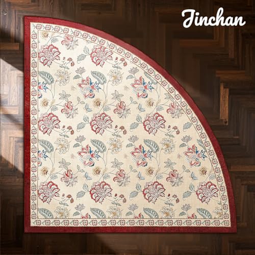 jinchan Elora Floral Corner Rug for Kitchen Washable Nursery Rug Vintage Romance Design Non Slip Quarter Circle Lightweight Low-Pile Throw Carpet for Playroom Reading Nook Office 5ft Radius, Red/Beige - color: Bloom Red/Beige, size: 5' x 5' (Corner Light