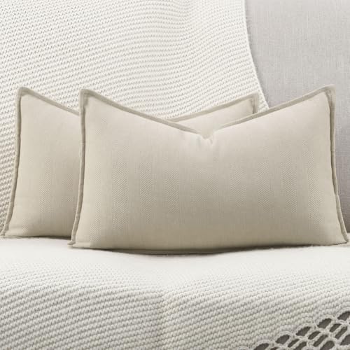 MADIZZ Textured Chenille Throw Pillow Covers Pack of 2 Natural Soft Decorative Accent Pillowcases Boho Neutral Couch Throw Pillow for Bed Home Decor for Sofa Livingroom 12x20 inch Beige - color: Beige, size: 20" x 12" (Pack of 2)