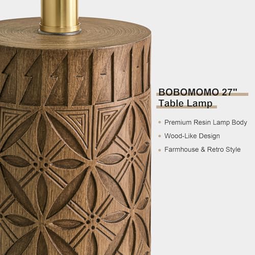 BOBOMOMO 27" Tall Table Lamps Set of 2, Modern Farmhouse Geometric Bedside Lamps, Rustic Wood Grain Resin Nightstand Lamps for Living Room, Bedroom, Entryway, Linen Shade, Cottage Home Decor - size: 27"