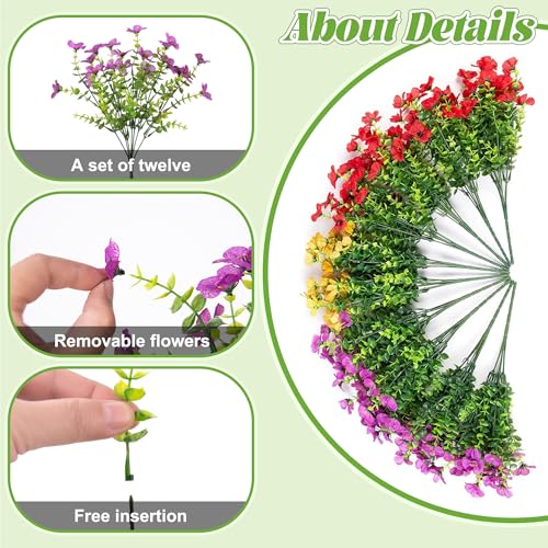 Ammyoo Artificial Faux Hanging Plants Flowers Basket for Spring Outdoor Decoration, Fake Silk Daisy UV Resistant Look Real with Eucalyptus Leaves Summer Outside Decor for Home Patio Garden - color: Red Purple Yellow