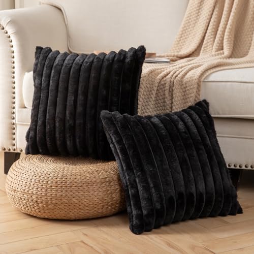 DEELAND Pack of 2,Double-Sided Faux Fur Plush Decorative Throw Pillow Covers Fuzzy Striped Soft Pillowcase Cushion Covers for Sofa Couch Bedroom Black 24x24 inch - color: Black, size: 24" x 24" (Pack of 2)