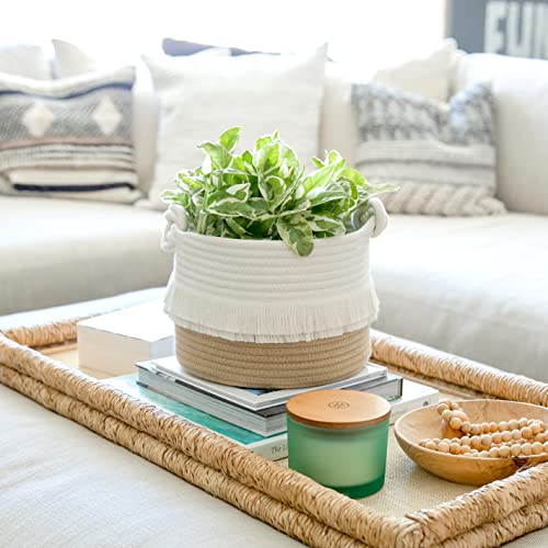 NaturalCozy 3-Piece Decorative Storage Basket Set – Cotton Rope Woven Baskets for Organizing! Small Basket for Nursery Baby Stuff, Gift Basket, Montessori, Dog Toy Bin, Cat Basket, Bathroom Shelves - color: Off White & Tan Brown