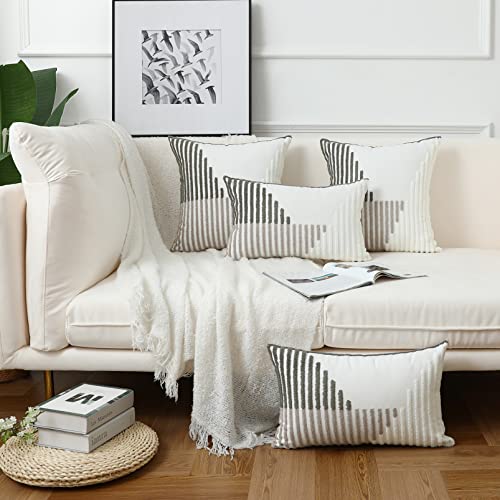 Modern Striped Embroidered Throw Pillow Covers 16x16 Set of 2 Textured Neutral Patterned Cotton Boho Pillow Covers Spring Decorative for Couch Bed Living Room Outdoor Grey & Cream White - color: Grey and White, size: 16" x 16" (Pack of 2)
