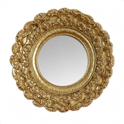 Golden Mini Vintage Mirror with Exquisite Relief Elegant Wall Decor for Bedroom Dresser Table Compact Resin Retro Design (Gold Round, 5X5) - color: Gold Round