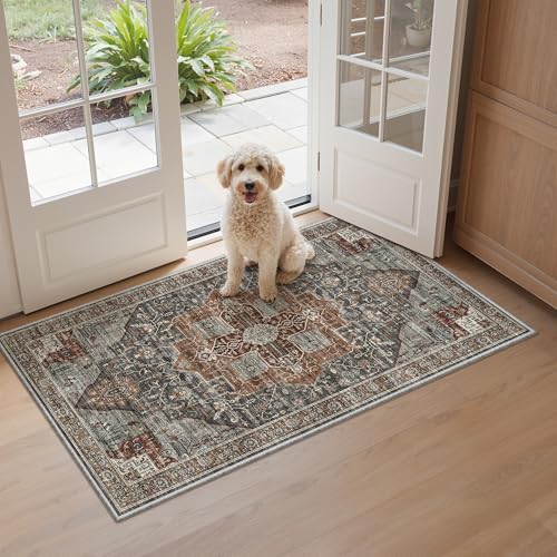 Roxstand Washable Runner Rug 2x4 - Vintage Non-Slip Small Area Rugs for Entryway, Low-Pile Stain Resistant Indoor Rug for Laundry Room Kitchen Bathroom Dining Room (Grey/Brown/Tan) - color: Grey/Brown/Tan, size: 2'x4'