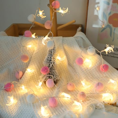 ChiRee Indoor String Lights 6.56 Feet Pom Poms Moon Lights 20 LED Battery Operated String Fairy Lights Warm White Globe Lights Colorful Decor Lights for Home Bedroom Kids Playhouse Holiday Christmas - style: Moon-Pink