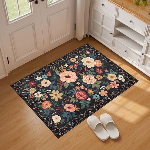 DUKINO 2x3 Rugs for Entryway, Floral Indoor Washable Door Mat, Non Slip Boho Small Rug for Kitchen, Soft Low Pile, Front Door Throw Rug for Entrance, Bedroom, Kitchen, Laundry, Bathroom, Black - color: Black, size: 2' x 3' (Rectangular)